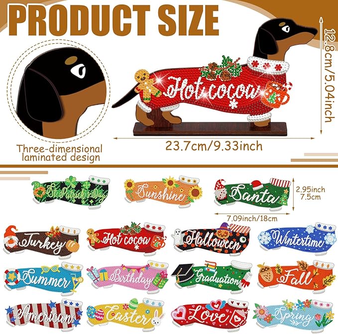 Briwooody 17 Pcs Interchangeable Seasonal Diamond Art Set for Adults Wooden Dachshund Diamond Painting Calendar 2026 Centrepieces for Holiday Spring 4th of July Summer Table Decor Accessories
