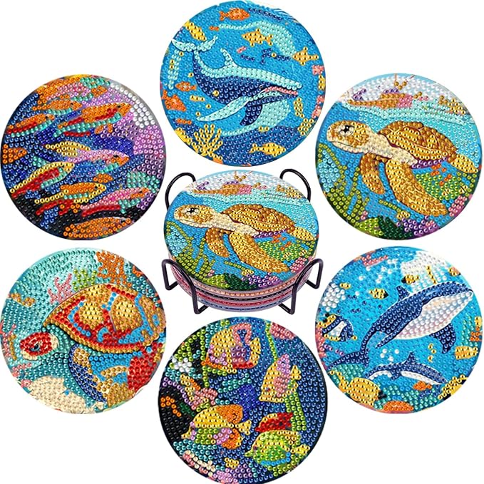 EWJRNSF 6 PCS Small Diamond Art Coasters Kits, Diamond Painting Coasters, Fall Diamond Art Kits for Adults Beginners, Arts and Crafts Item Sets with Holder for Drinks. Ocean