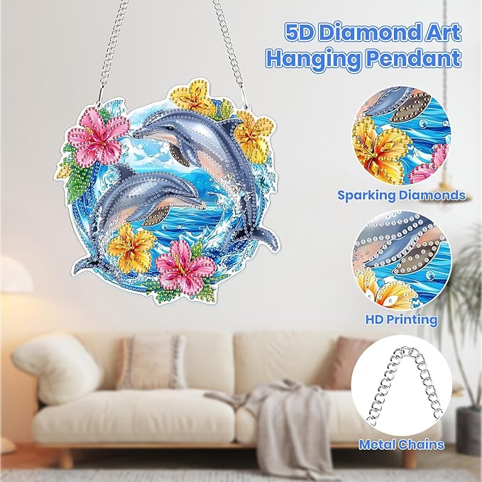 MOGTAA Dolphin Diamond Art Hanging Pendant Kits, 5D Special Shape Diamond Art Kits for Adults, Crystal Rhinestones Flowers Diamond Painting Gem Art for Home Garden Wall Decor