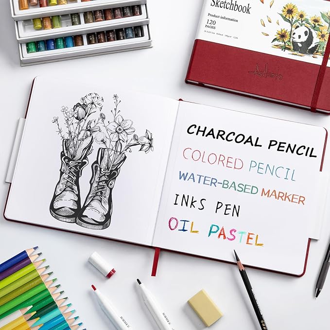 ALKALO Square Sketchbook for Drawing, 120 Pages Sketch Book, 122LB/180GSM Thick Paper, Mixed Media Sketchbook for Charcoal Pencil, Inks Pen, Colored Pencil, Acrylic Marker, Oil Pastel