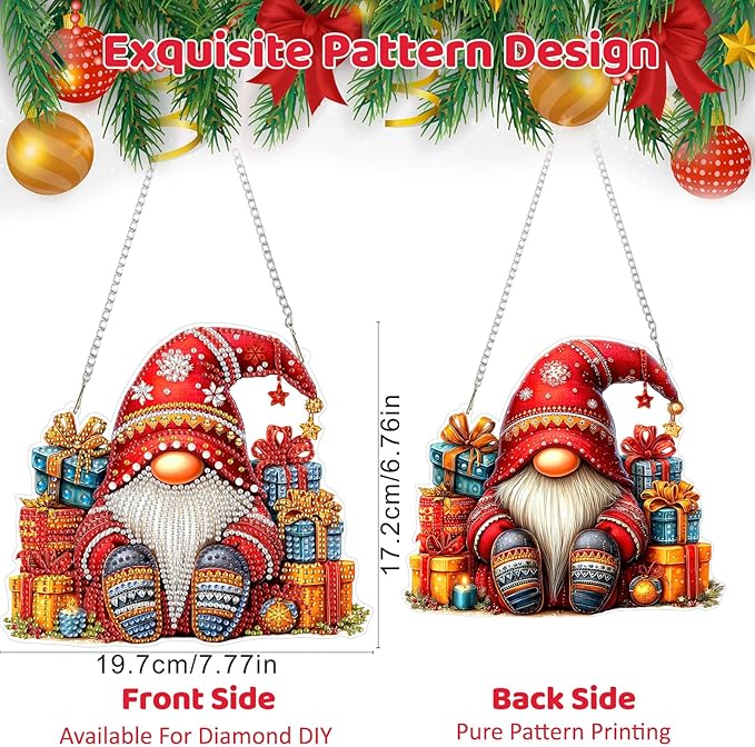 MEIYUDA Gnomes Diamond Art Hanging Kits for Adult, Christmas Gnomes Diamond Painting Hanging Kits Ornaments, DIY Special Shaped Rhinestone Window Pendants kit for Home Garden Wall Decor Gift