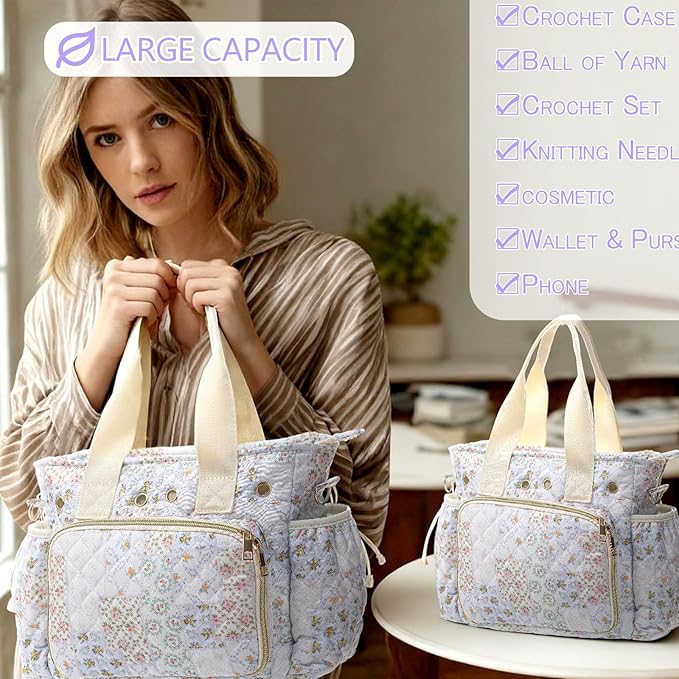 SilTriangle Large Floral Quilted Crochet Knitting Bags and Totes Organizer Cotton Yarn Hook Bag Holder Christmas Corduroy Gift for Crochet Lover Crocheting Accessories, Needle with Zipper, Size M