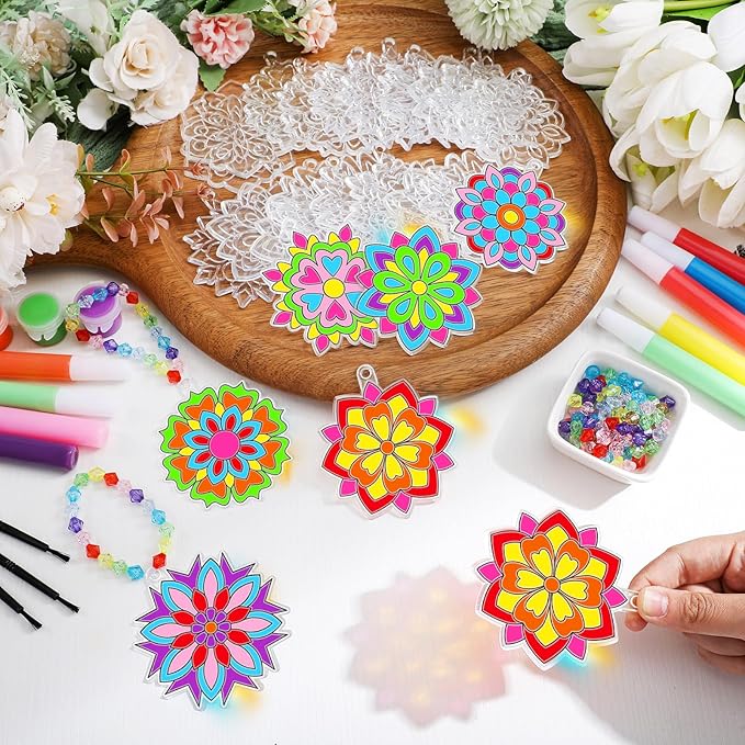 Sonwyoung 30 Sets Spring Mandala Suncatchers Craft Kits Easter Holi DIY Glow in The Dark Stained Glass Kit Paint Your Own Window Ornaments Art for Holiday Parties Home Decor and Creative Activities