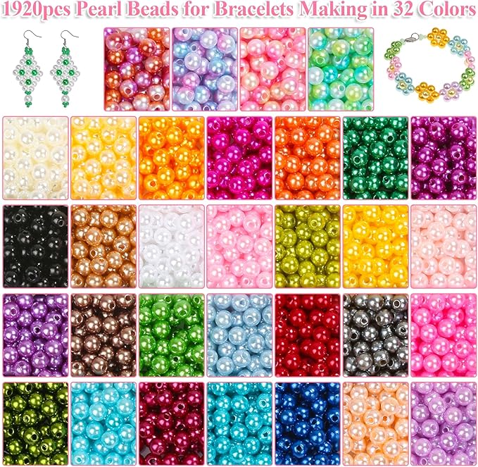 Pearl Beads for Jewelry Making, 32 Colors Round Pearls with Holes, 2000 Pcs 6MM Handcrafted Colorful Loose Spacer Beads for DIY Craft Bracelet Necklace Earrings