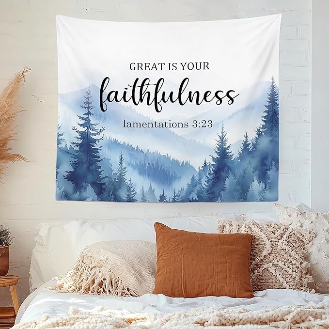 MNASAIOO Christian Mountian Woods Wall Tapestry Hanging for Bedroom, Bible Verse Scripture Great Is Your Faithfulness Tapestries,Blue Watercolor Wall Decor Banner for Living Prayer Room Church 50x60in