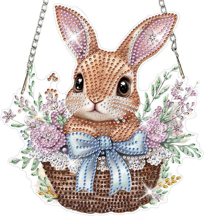 NAIMOER Diamond Art Hanging Kits for Adults Rabbit Easter 5D Special Shaped Rhinestone, DIY Acrylic Diamond Art Painting Window Pendants Home Garden Wall Hanging Ornament Kits, Double Sided