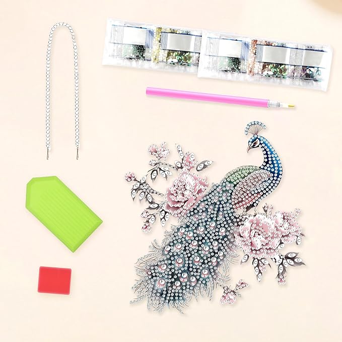 Lxmsja DIY Peacock On Branch Diamond Painting Hanging Ornament, Double-Sided Acrylic Pink Flowers Diamond Art Kit, Special Shaped Suncatcher Hanging Pendant Window Art Kit 7x8 inch