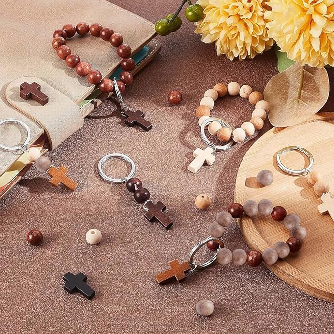SUNNYCLUE 250Pcs Wood Cross Charms Easter Holiday Small Cross Beads Bulk Wooden Round Unfinished Wood Bead 10mm Beading Keychain Making Kit Mini Charm for Keychains Bracelets DIY Craft
