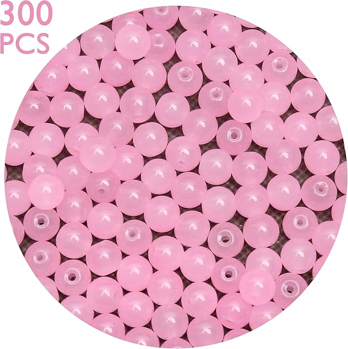 300PCs 6mm Light Pink Jade Glass Beads Bulk, Round Smooth Hole Glass Crystal Beads for Jewelry Making, DIY Bracelets, Necklaces, Bag Charms, Keychains and Craft Projects
