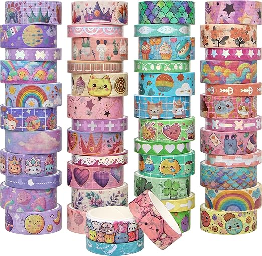wapetashi 50 rolls washi tape set, silver cute washi tape for scrapbooking, bullet journal, planner, gift, rainbow masking decorative tape for kids