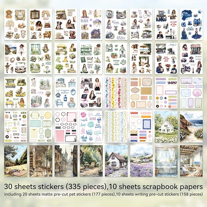 345pcs People Stickers Book,Planner Stickers for Junk Journal Kit,40 Sheet Scrapbook Supplies with Junk Journal Supplies and Washi Tape Sticker for Planners, Bullet Journal, Mixed Media Art