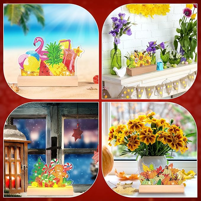 Chunful 13 Pcs Interchangeable Seasonal Diamond Art Tabletop Holiday Diamond Art Painting Kit with Wooden Light Base for Table Tiered Tray Home Office Tabletop Centerpiece Decor(13 Pcs,Classic)