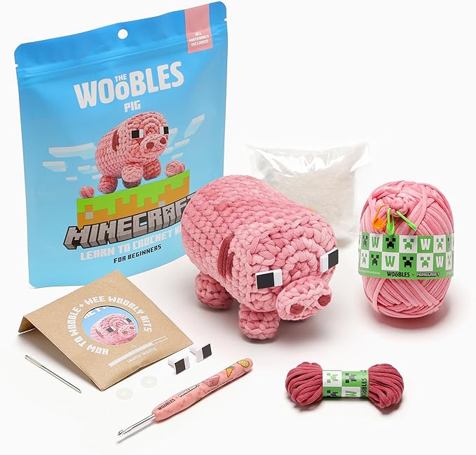 The Woobles Minecraft Crochet Kit – Beginner Crochet Kit for Adults and Young Crafters, Easy Knitting Kit with Woobles Yarn, DIY Crafts, Crochet Animals, Minecrafts, Gift for Gamers & Crafters (Pig)