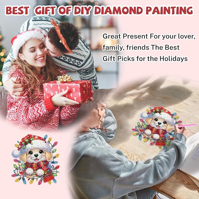 Bowetile Christmas Diamond Art Hanging Kits for Adults, Dog Diamond Art Suncatchers, 5D Special Shape Diamond Painting Pendant Window Ornament Christmas Gifts for Home Door Wall Decor