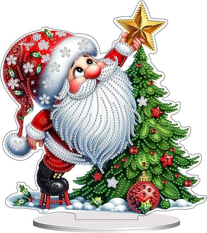VODAPYC Christmas Gnome Diamond Art Tabletop, DIY Stand Up Double Sided Special Shaped Diamond Art Desktop Ornaments for Home Decor(Santa Christmas Tree)