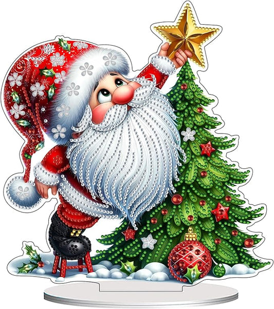 VODAPYC Christmas Gnome Diamond Art Tabletop, DIY Stand Up Double Sided Special Shaped Diamond Art Desktop Ornaments for Home Decor(Santa Christmas Tree)