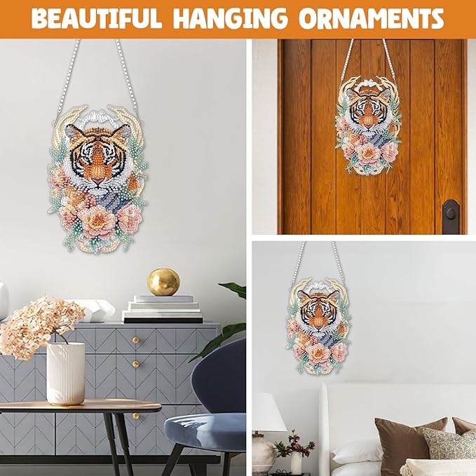 NAIMOER DIY Hanging Diamond Art Kits for Adults, Tiger Diamond Painting Kits, Special Shaped Rhinestone, Acrylic 5D Gem Art Craft Window Pendants Home Garden Wall Hanging Ornament Kits