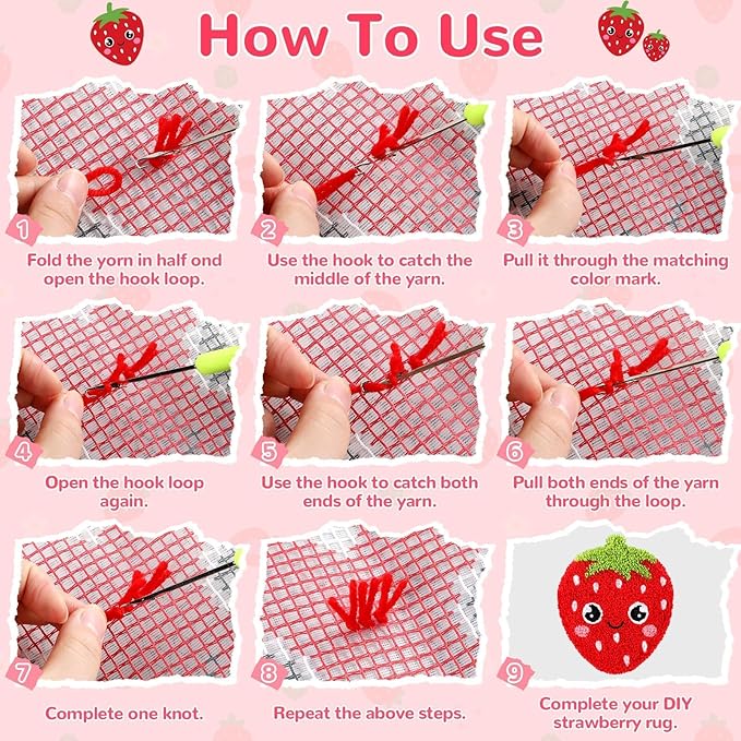 Strawberry Latch Hook Mini Rug Kit Strawberry DIY Valentine Craft for Kids Adults Beginner Making Your Own Crochet Carpet Printed Canvas Yarn Rug Hooking Kit Cross Sewing Christmas Gift for Home Decor