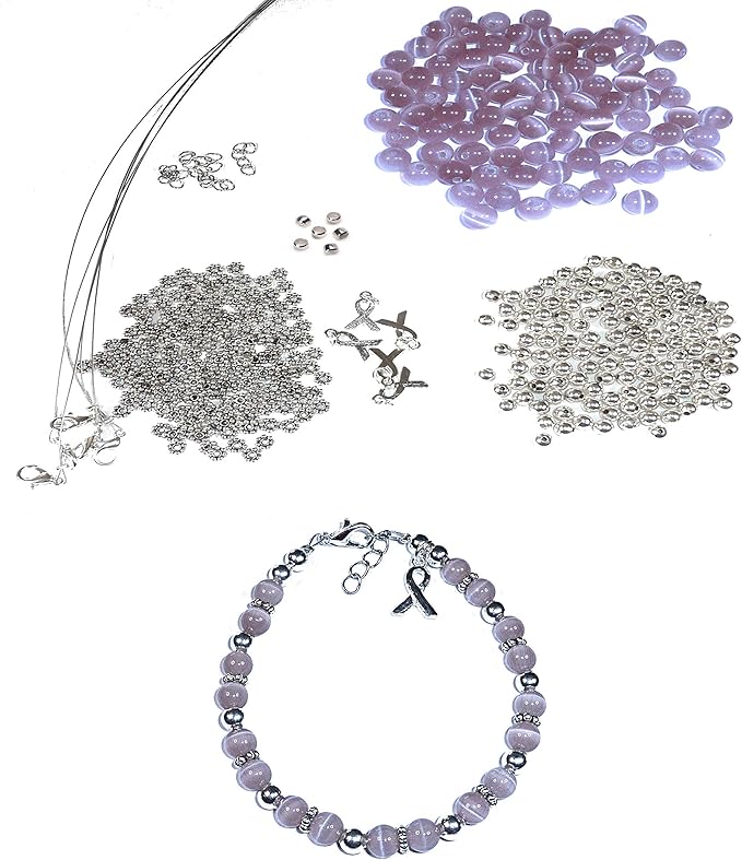 Hidden Hollow Beads DIY Craft Beading Kit, Everything to Make Cancer Awareness Bracelets, Uses Wire, Crimps and Clasps, Fundraising and Gifts (All Survivors - Lavender - Makes 5)