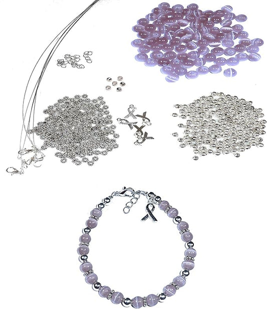 Hidden Hollow Beads DIY Craft Beading Kit, Everything to Make Cancer Awareness Bracelets, Uses Wire, Crimps and Clasps, Fundraising and Gifts (All Survivors - Lavender - Makes 5)