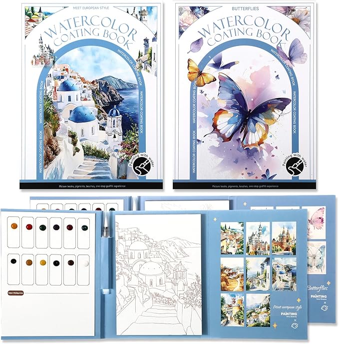 Dunzoom 32 Sheets Watercolor Coloring Book 2 Pack Water Color Workbook Paper Paint Set with 12 Colors Paint Cakes and Brushes for Adults Beginners Art Painting Supplies(Butterfly&Castles)