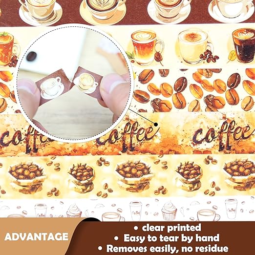 12 Rolls Washi Tape Set,6 Design Coffee Themed Decorative Tape Vintage Watercolor Brown Cafe Masking Tape for Journaling Supplies, Junk Journal, Scrapbooking, DIY Arts & Crafts, Gift Wrapping