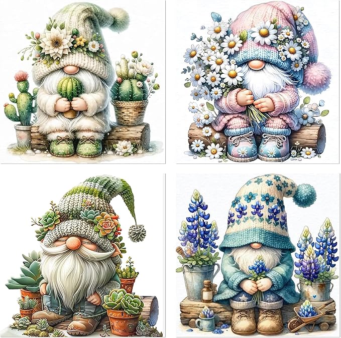 Diamond Art Kits for Adults, 4 Pack Spring Gnomes Diamond Painting Kits for Adults, 5D Round Full Drill Paint with Diamonds Gem Art Dots Crafts Painting Set for Home Wall Decor Gifts 12x12inch