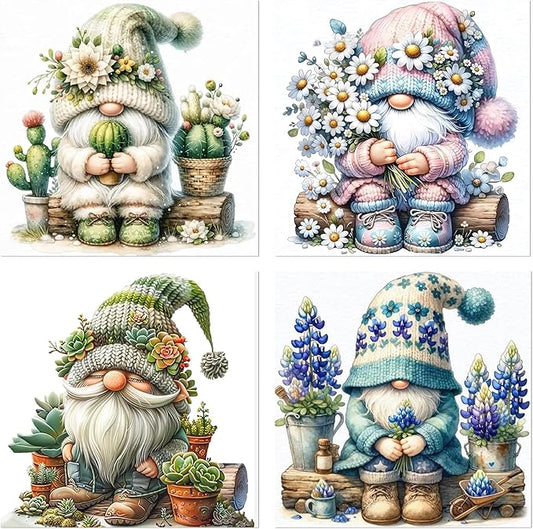 Diamond Art Kits for Adults, 4 Pack Spring Gnomes Diamond Painting Kits for Adults, 5D Round Full Drill Paint with Diamonds Gem Art Dots Crafts Painting Set for Home Wall Decor Gifts 12x12inch