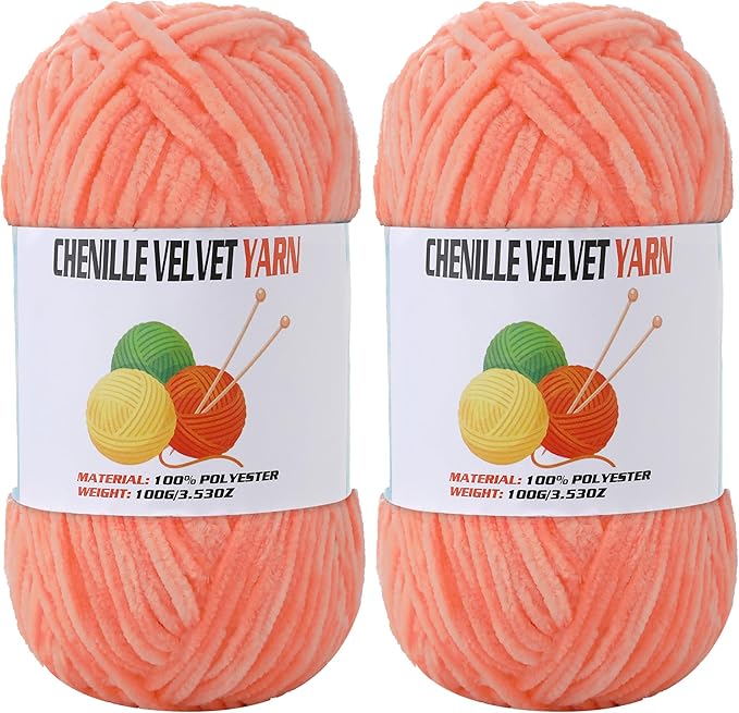 2 * 100g Velvet Chenille Chunky Yarn, Handcrafts Weaving Soft Chenille Yarn for Crocheting Clearance, Used for Making Baby Yarn Blanket, Clothes, Knitting Creations (Apricot Color)