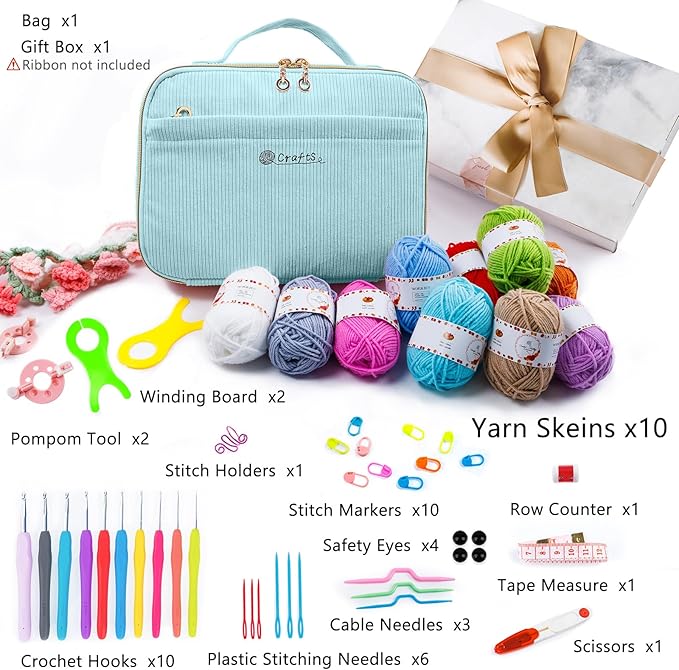 MYBAGZING Crochet Kit for Beginners with Yarn Storage Bag, 10pcs Crochet Hooks 2.0-6.0 mm, 10 Skeins Yarn for Crocheting, Knitting Accessories, 58pc Crochet Starter Kit for Adults