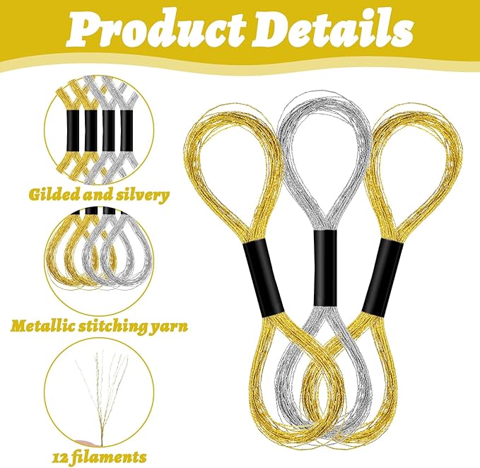 12 Skeins Metallic Embroidery Thread, Embroidery Floss Metallic Thread Glitter Threads String Cross-Stitch Threads for Sewing Making Yarn Hand Accessories(Gold+Silver)