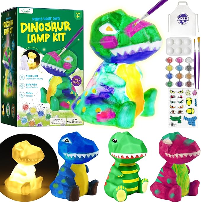 laoese paint your own dinosaur lamp kit, art supplies kids paint set, arts and crafts for kids ages 8-12, dinosaur toys girls boys halloween birthday christmas gifts ages 3 4 5 6 7 8 9 10 11 12+