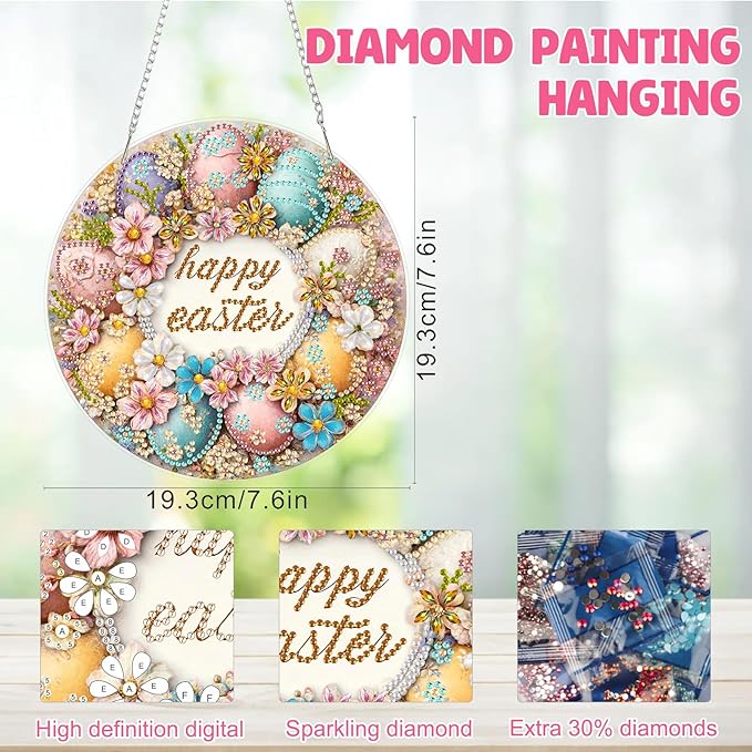 MAXBYE Easter Hanging Diamond Art Kits for Adults Colorful Eggs with Flowers, Special Crystal Double Sided Pendant DIY Diamond Art Painting Kits for Beginners Gift Wall Home Decoration 8×12Inch