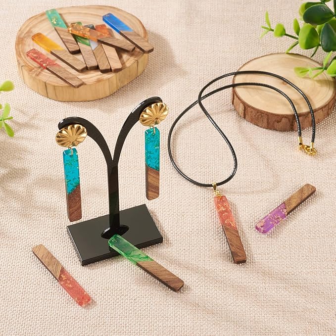 Beadthoven 20pcs/10 Pairs Rectangle Bar Charms DIY Bohemian Earrings Transparent Resin Wood Pendants Gold Foil Watercolor Natural Wooden Pieces Tag Pendants for Fashion Jewelry Making Necklace
