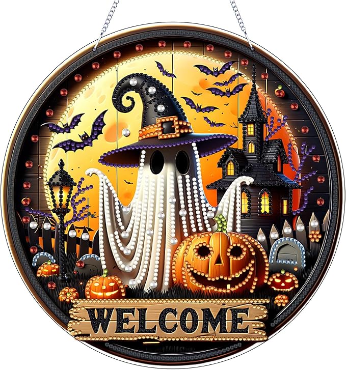 VODAPYC Halloween Diamond Art Hanging Kit for Adults, DIY Double Sided Special Shaped Diamonds Art Window Pendant Ornament Door Sign for Home Decor(Ghost)