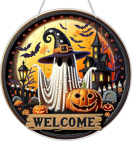 VODAPYC Halloween Diamond Art Hanging Kit for Adults, DIY Double Sided Special Shaped Diamonds Art Window Pendant Ornament Door Sign for Home Decor(Ghost)
