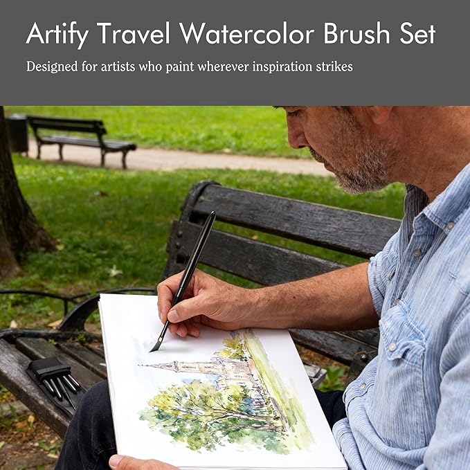 Artify Travel Watercolor Brushes, Outdoor Paint Brushes, Water Color Paint Brush Set with Anti-Rust Polished Metallic Gray Finish, Painting Brushes for Watercolor Gouache Ink - Gift for Artist (4PCS)