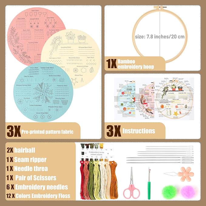 hi-yomilaugh 3 pack beginner embroidery kit & cross stitch kits for adults, needles & tools, easy needlepoint set with step-by-step instructions & video tutorial