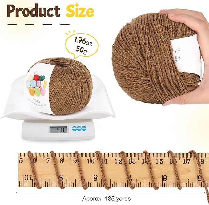 katech cotton yarn for crocheting-55% cotton 45% acrylic-4 medium (worsted)-super soft milk cotton yarn-great crochet and knitting starter kit for colorful craft（brown）
