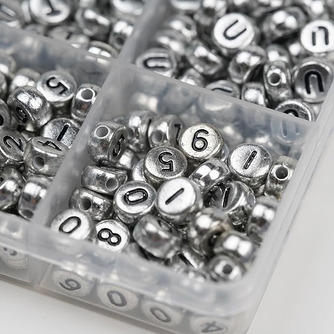 1450Pcs Silver Acrylic 4x7mm Round Letter Beads Kits Alphabet A-Z (Extra for Vowel Letter) and Number Beads for Bracelets Necklaces Jewelry Making (Silver, 4x7mm)