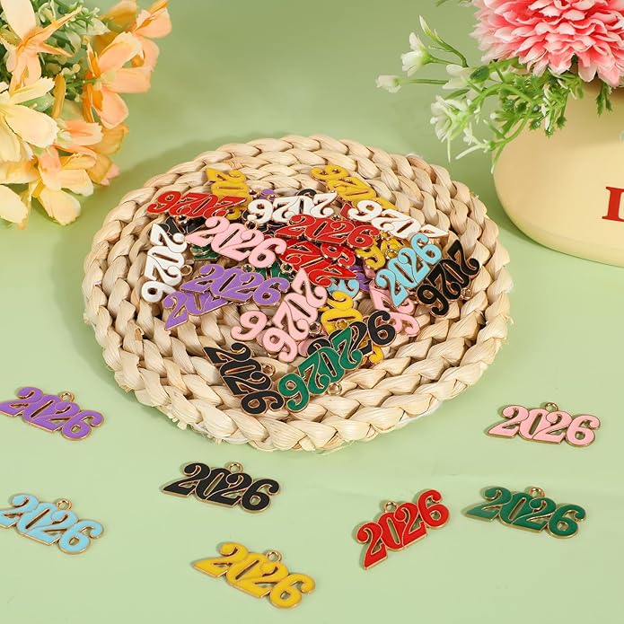 2026 Charms, 8 Colors Zinc Alloy 2026 Year Charms for Crafts New Year Graduation Tassel for Craft DIY Jewelry Making Party Decoration