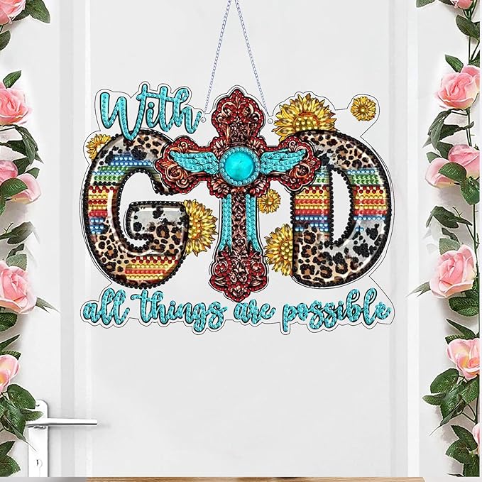 STGLCR Cross Diamond Art Hanging Kit for Adult,Special Shaped Rhinestone,DIY Acrylic God 5D Diamond Art Painting Window Pendants Home Garden Wall Hanging Kits Hanging Ornament 7.8inch