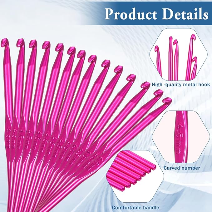 Crochet Hooks, 20 Pcs 4.5mm Crochet Hook US Size 7 Aluminum Knitting Needles Crochet-Supplies for DIY Yarn Crafts Beginners (Rose Red)