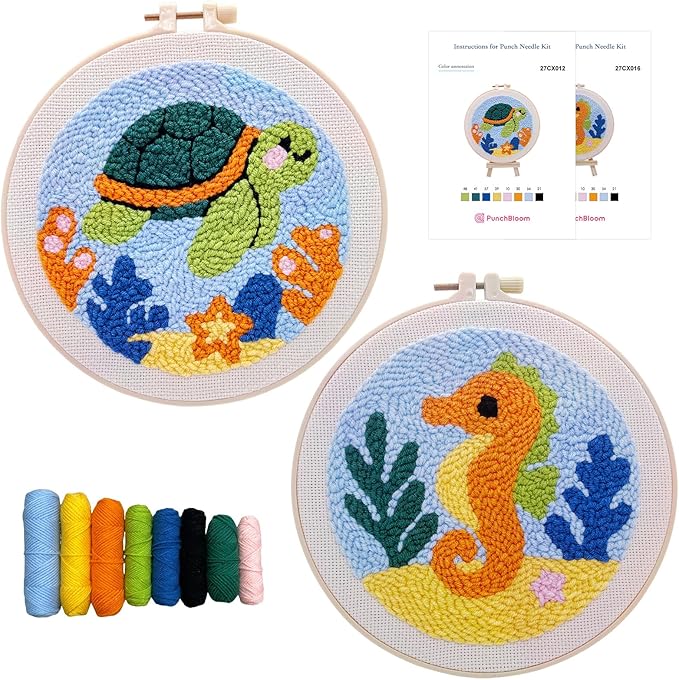 Punch Needle Kit for Beginner, 2-Pack Turtle & Sea Horse Punch Embroidery Starter Set with Instructions – Yarn Needle Punch Craft for Xmas Gift Idea & Home Wall Decor