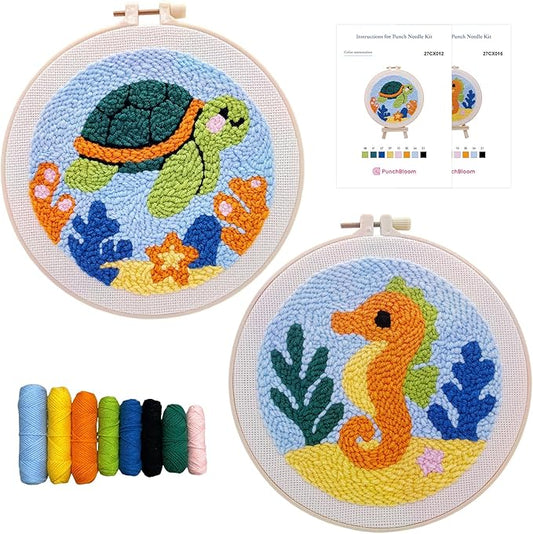 Punch Needle Kit for Beginner, 2-Pack Turtle & Sea Horse Punch Embroidery Starter Set with Instructions – Yarn Needle Punch Craft for Xmas Gift Idea & Home Wall Decor