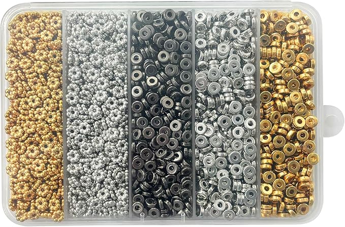6mm Flat Round Spacer Beads, Clay Beads for Bracelets Making Kit, Heishi Polymer Flat Disc Spacer Beads for Jewelry Making, Clay Beads for Jewelry Making Gold Beads Silver (2000pcs)