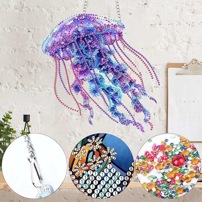 Yomiie Jellyfish Sun Catcher Window Hanging - DIY Double Sided Marine Life Diamond Painting Pendant Kit, Acrylic Diamonds Art Ornament for Front Door Sign & Indoor/Outdoor Garden Decor(8x8 inch)