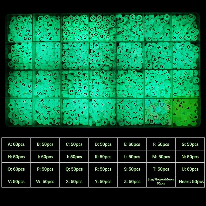 Melius 1450Pcs Acrylic Glow Letter Beads, Alphabetical Glowing in The Dark Beads in 28 Grid Box for Jewelry Making, DIY Bracelets, Necklaces, Key Chains (Glowing, 4x7mm)