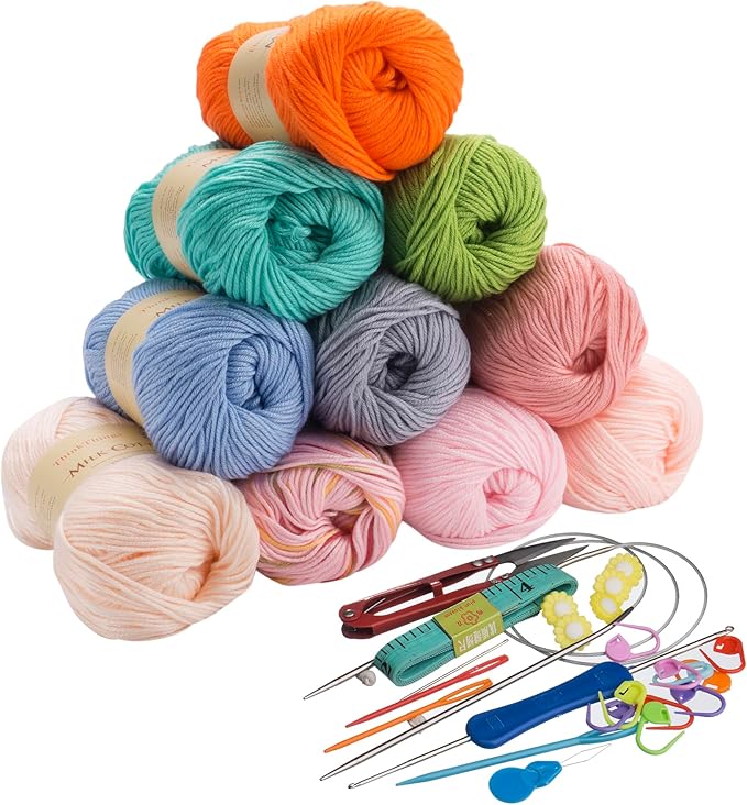 Acrylic Yarn for Crocheting Knitting Multicolor Weaving DIY Crochet Thread 10Balls 17.6Ounces with 22Pcs Knitted Tools Bulk Rainbow Yarns for Beginners