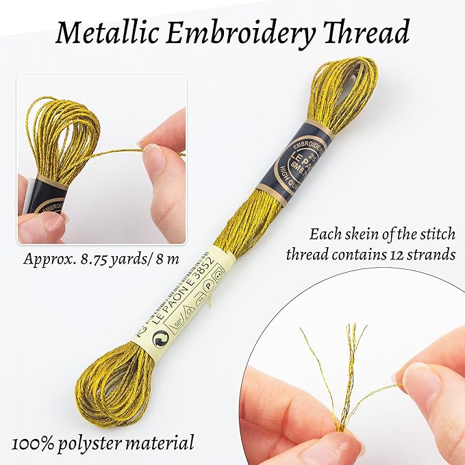 6 Skeins Embroidery Thread, Metallic Gold Embroidery Floss Friendship Bracelet String, Polyester Cross-Stitch Threads for Hand Embroidery, String Art